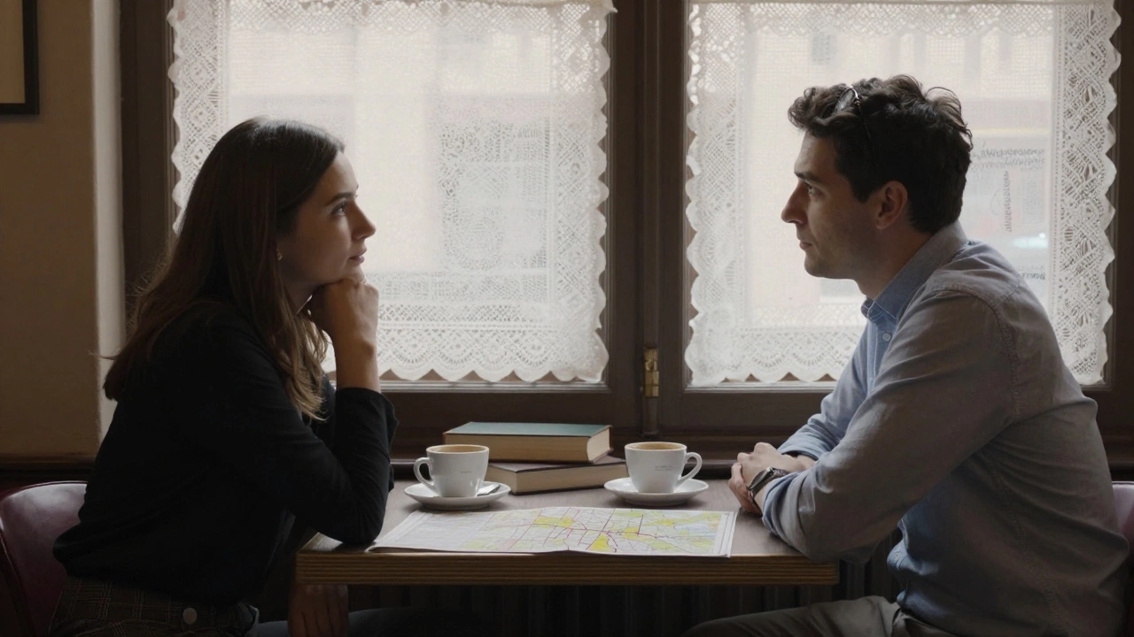A companion and client converse over coffee in a cozy Strasbourg café, surrounded by books and maps, atmosphere of respectful connection.