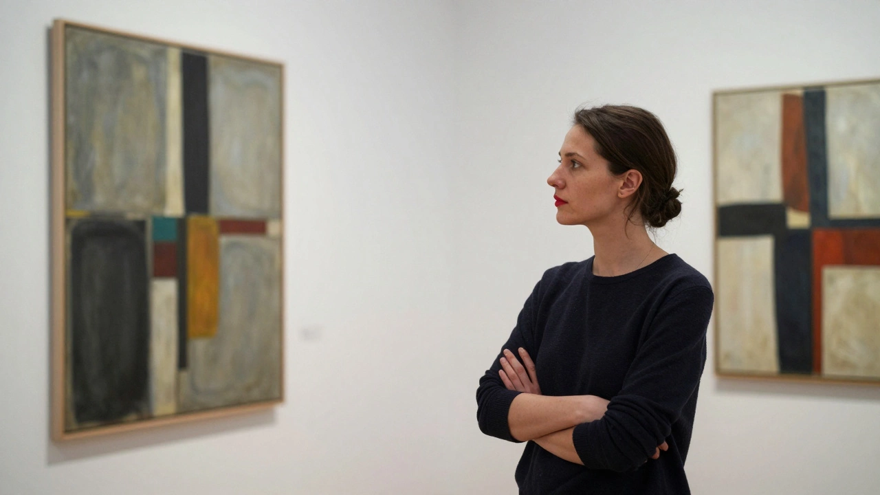 A sophisticated Russian woman observes modern art in the Tate Modern, quiet and composed.