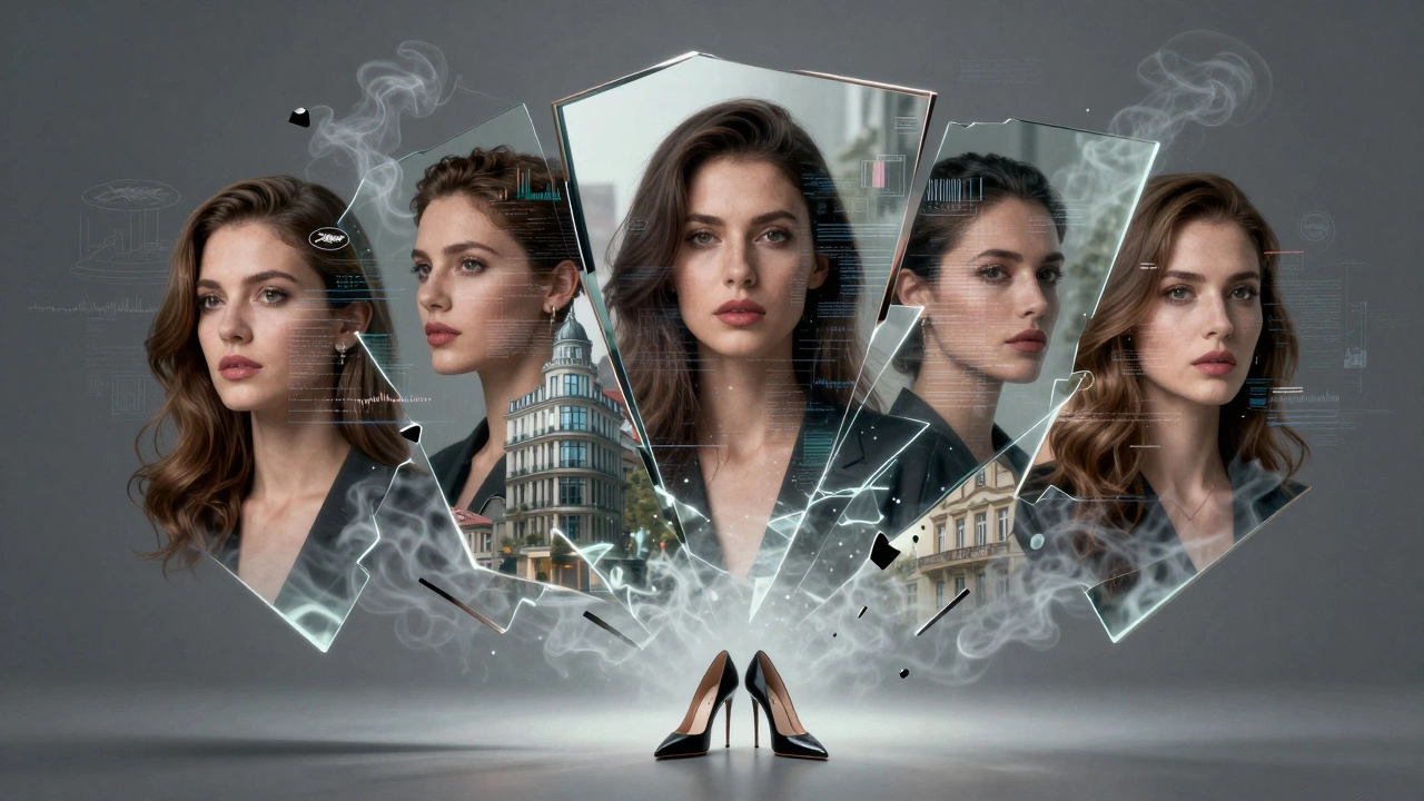 A symbolic mirror reflects fragmented images of women across European cities, with high heels glowing at the center.