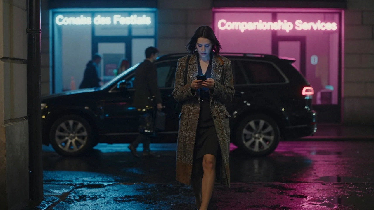 A woman walks alone in a rainy Cannes alley at night, wearing a designer coat, with a black SUV parked nearby.